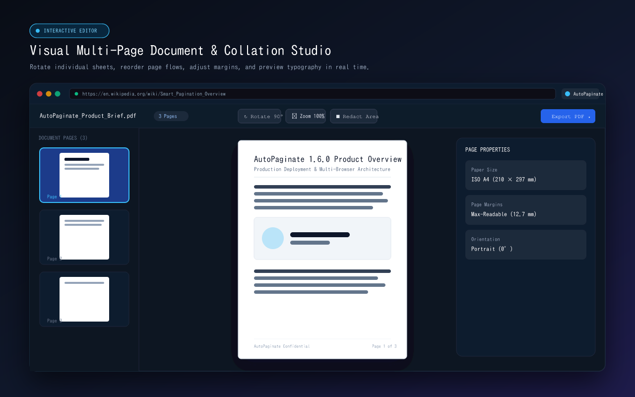 AutoPaginate document editor showing three pages and page properties