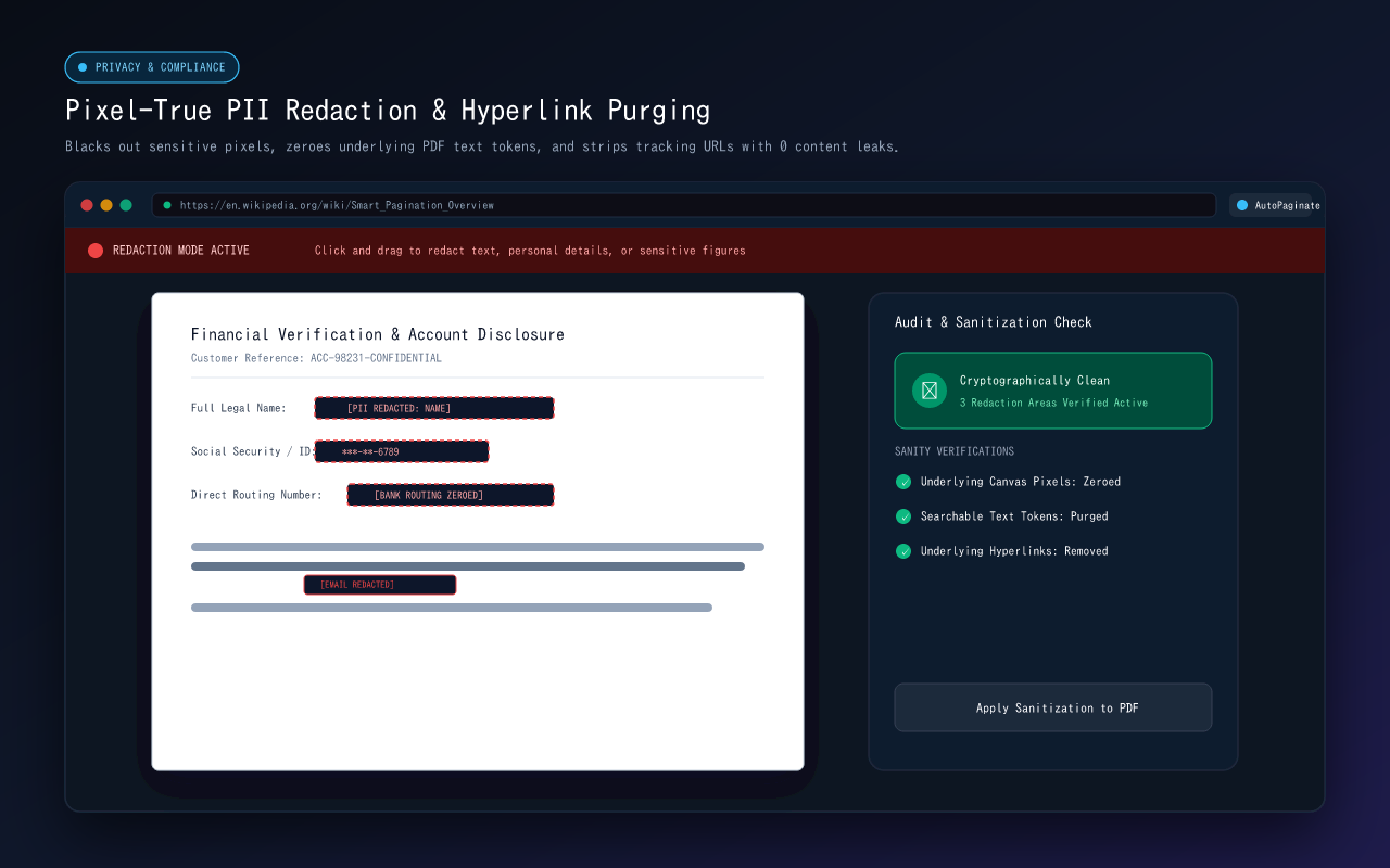 AutoPaginate redaction mode showing redacted fields and sanitization checks