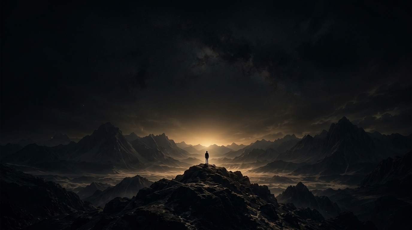 Human figure on mountain summit gazing toward the illuminated horizon